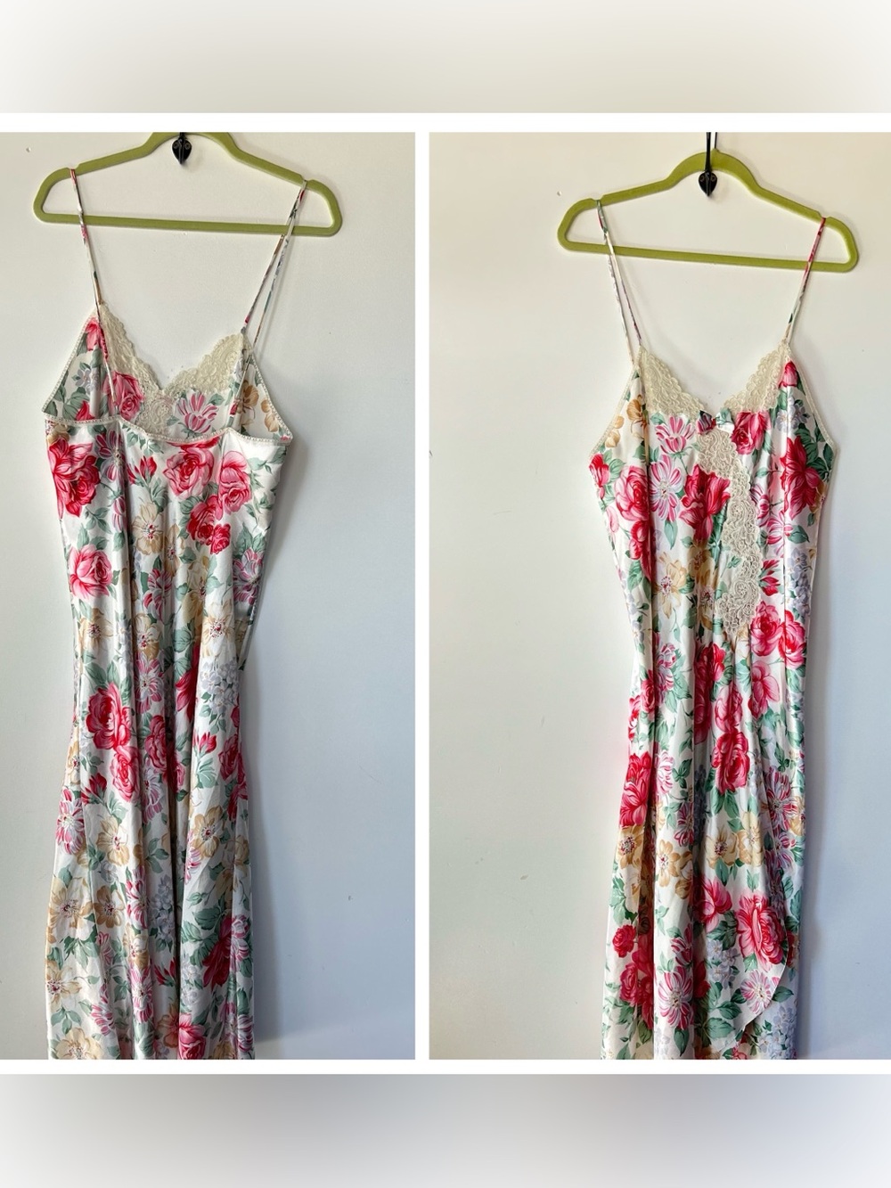 Vintage Linda Satin Nightgown Size Large Lace Floral Maxi Cottagecore Sleep